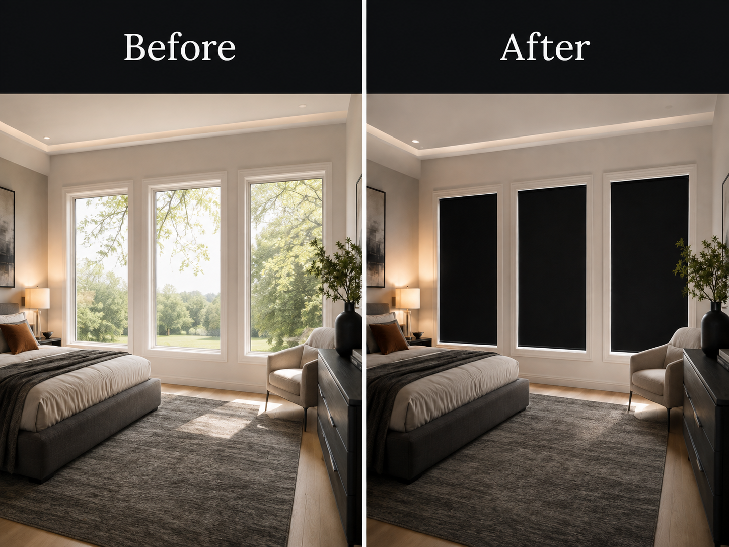 Bedroom before and after Pitch Black Panels: bright sunlit windows on the left, total blackout roller shades on the right