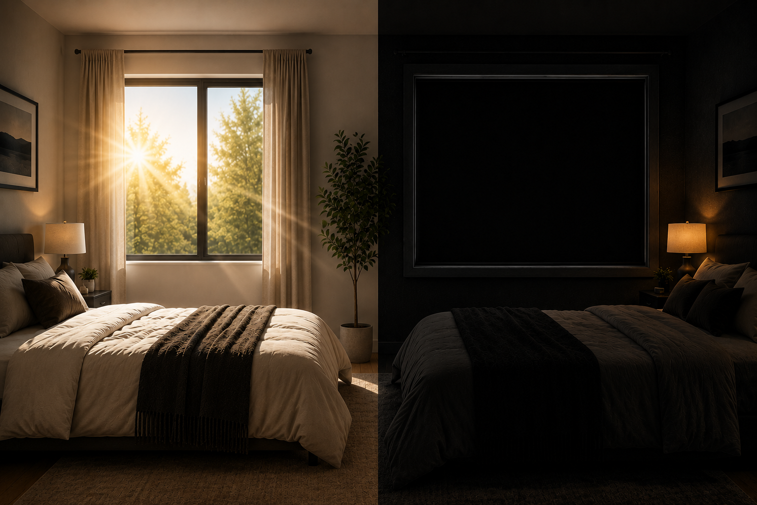 Bedroom before and after comparison: sunlit Philadelphia bedroom on the left, total blackout bedroom with Pitch Black Panels installed on the right