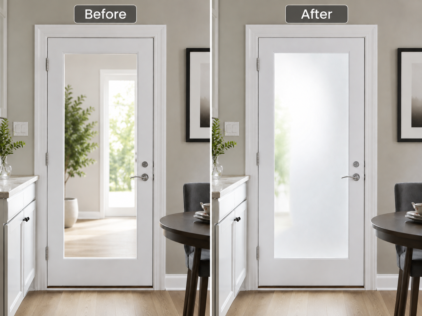 Pitch Black Privacy Film before and after on a glass-paneled door, showing clear glass transformed to frosted privacy glass