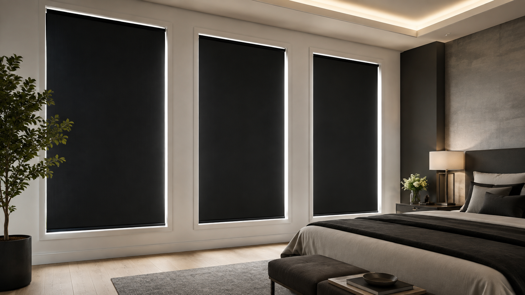 Pitch Black Panels installed as blackout roller shades in a modern bedroom