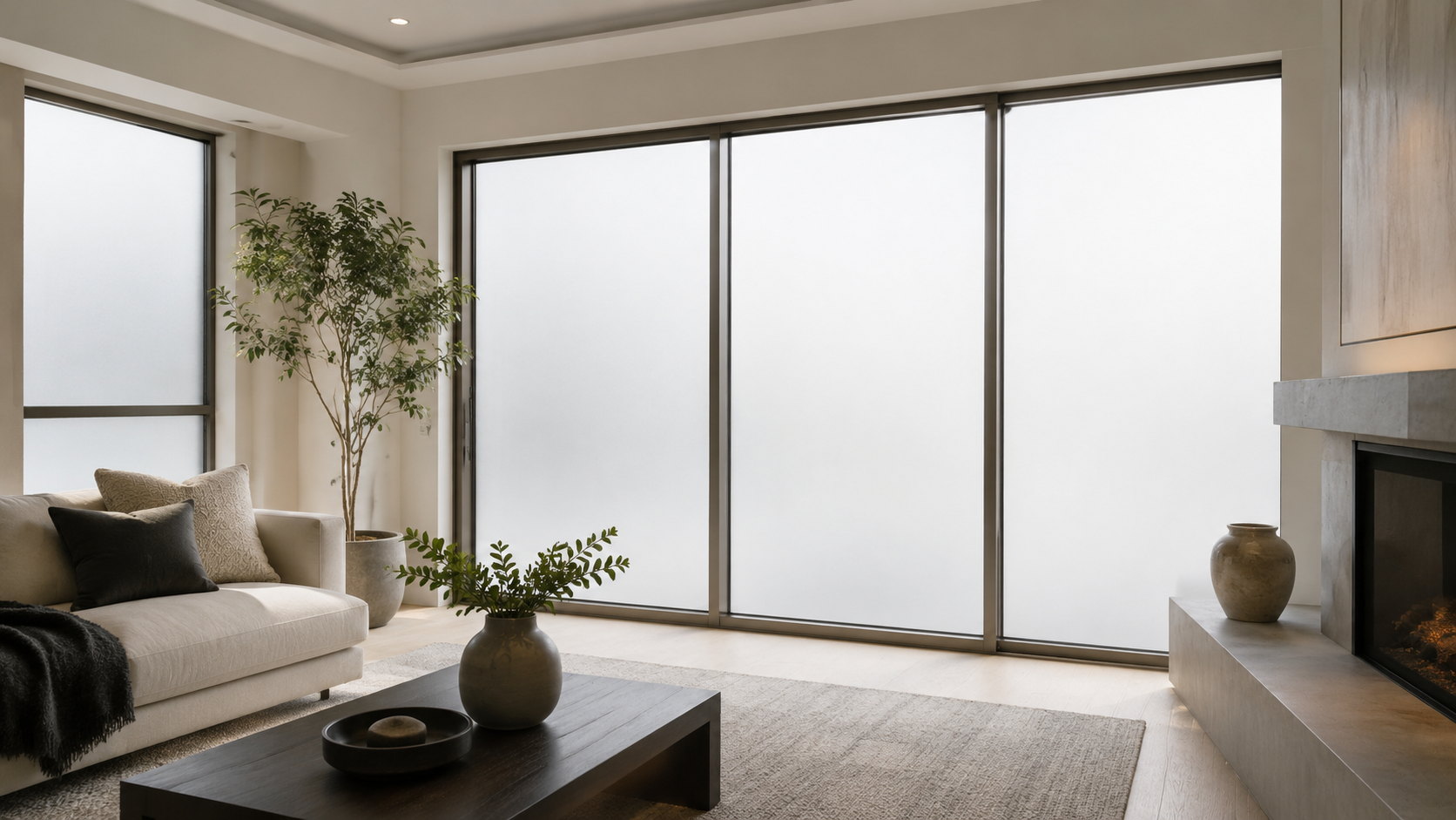 Pitch Black Film frosted privacy window film installed on living room windows and sliding doors
